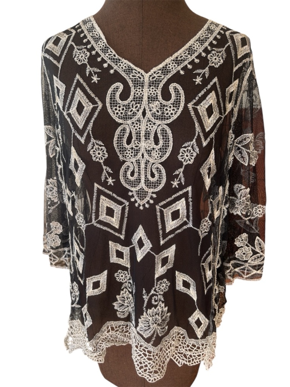 Ultra Pink Black Sheer Embroidered Lace Tunic with Ivory Detail